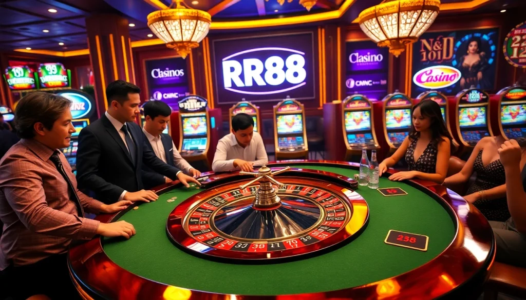 Experience the thrill of gambling at RR88 with an exciting roulette table scene in a luxurious casino.