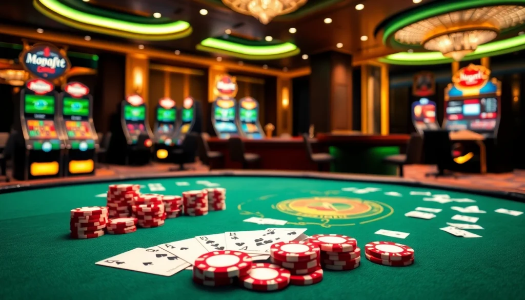 Experience excitement with the hm88 app at a luxury casino featuring poker tables and slot machines.