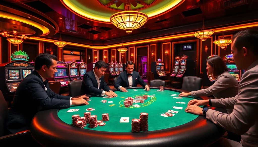 Engage in high-stakes poker action at a vibrant casino table featuring ee88e chips.