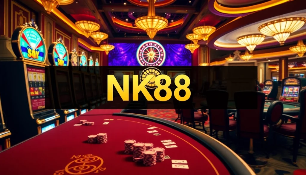 Experience the thrill of NK88 gaming with vibrant casino action featuring poker tables and slot machines.