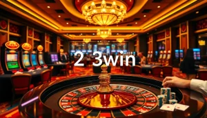 Engaging casino scene showcasing excitement at 23win roulette table with players and vibrant slot machines.