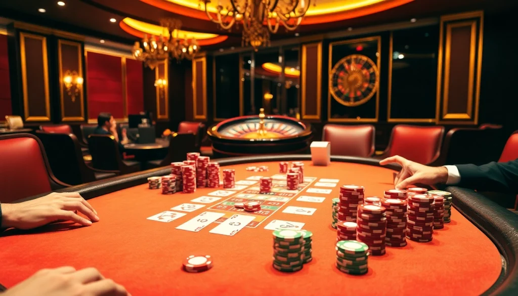 Engage with VJ88 at an exciting poker table, showcasing vibrant chips and thrilling casino gameplay.