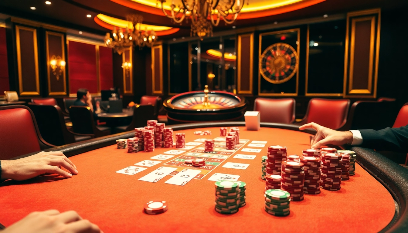 Engage with VJ88 at an exciting poker table, showcasing vibrant chips and thrilling casino gameplay.