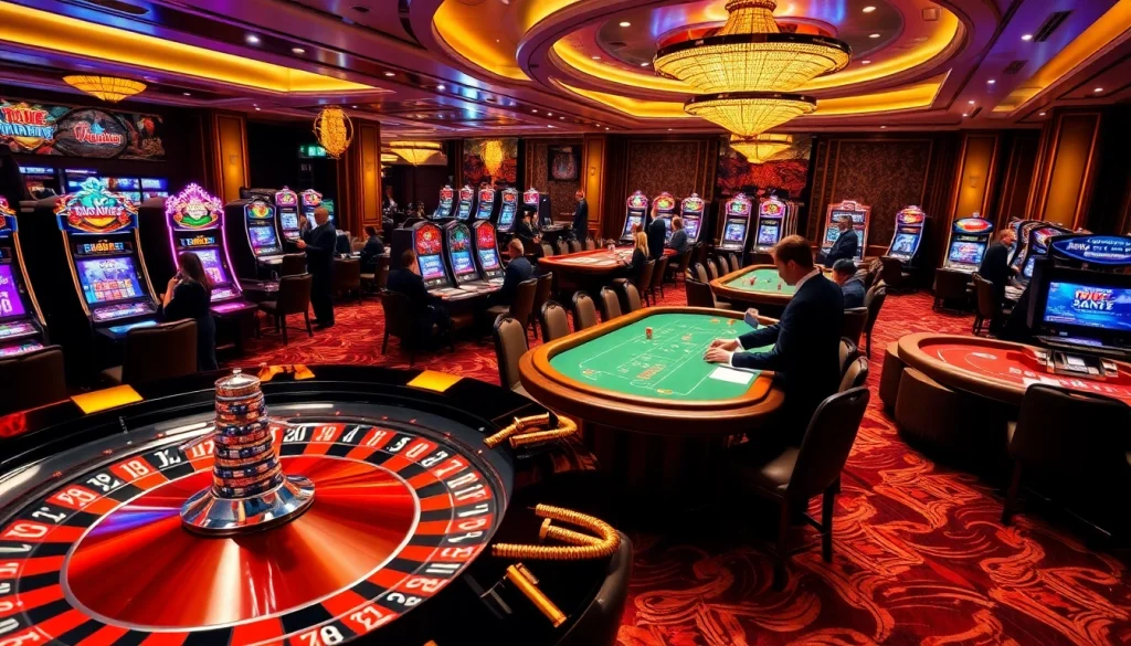 Players enjoying vibrant casino tables at jun88 com, showcasing excitement in gambling.