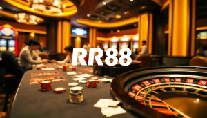RR88 casino gaming table with poker chips and cards in an upscale setting