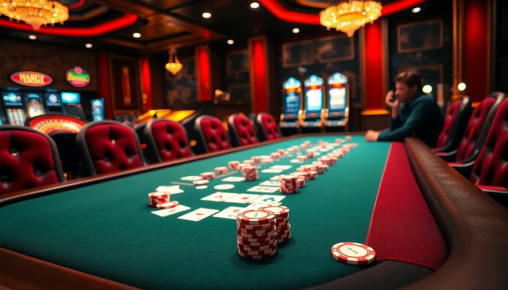 Players engaging in a high-stakes poker game with s8 chips and elegant cards in a luxurious casino.