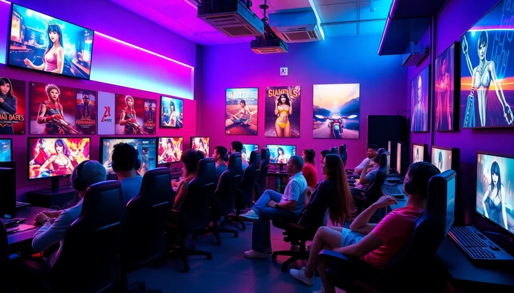 Gamers enjoying immersive porn games in a vibrant lounge.
