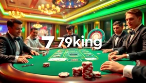 Players strategizing at the 79king poker table in a luxurious casino setting.