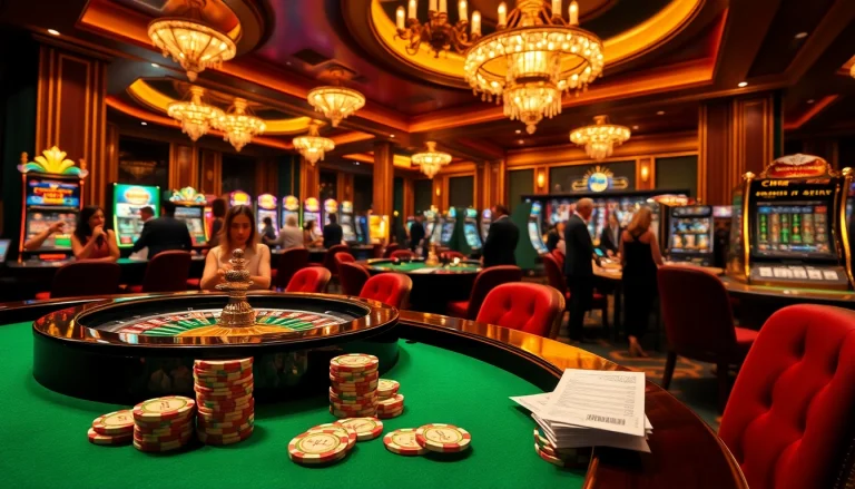 High-stakes gaming scene at Clube VIP HHBET casino, featuring luxurious tables and excited players.