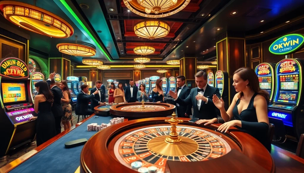 Experience the thrill of okwin game within a luxurious casino scene featuring poker and roulette players.