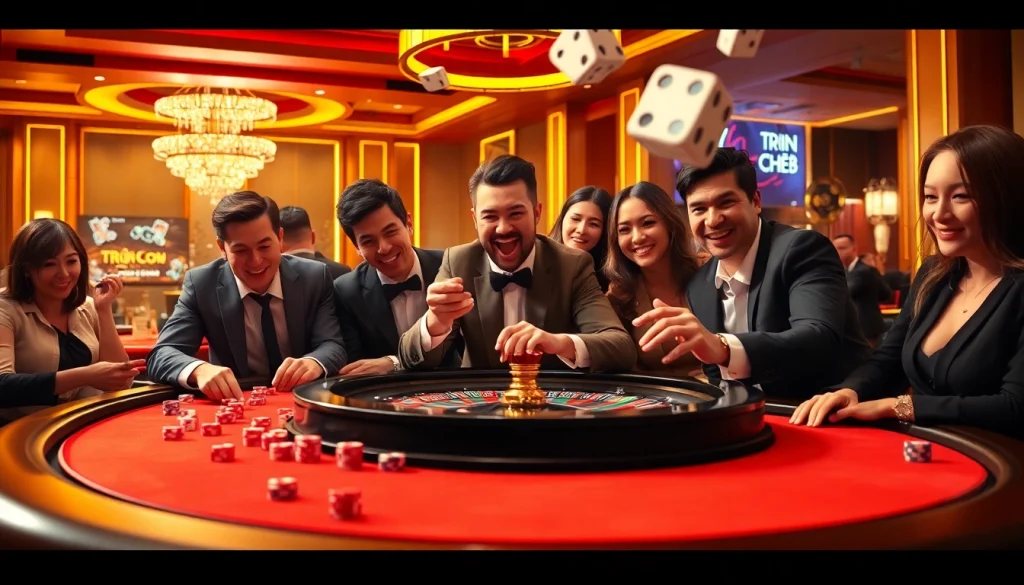 Experience the excitement at Trang Chủ LC88 with an engaging casino scene featuring players at a roulette wheel.