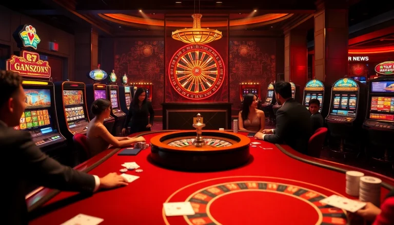 Experience the thrill of gambling at F8bet with vibrant slot machines and a luxury poker table.