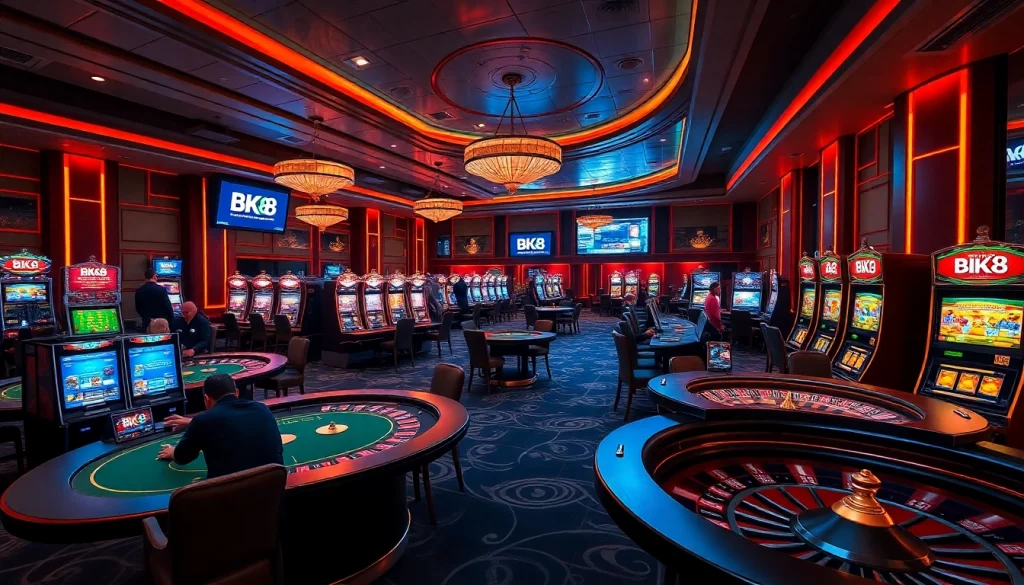 Players enjoying a vibrant BK8 casino experience at poker tables and slot machines.