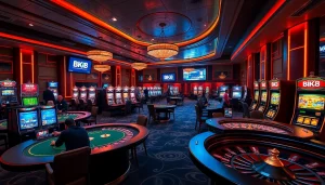 Players enjoying a vibrant BK8 casino experience at poker tables and slot machines.