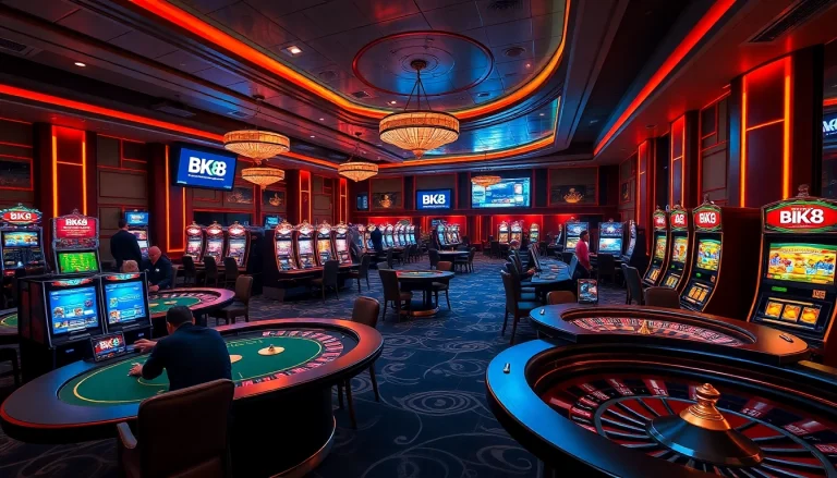 Players enjoying a vibrant BK8 casino experience at poker tables and slot machines.