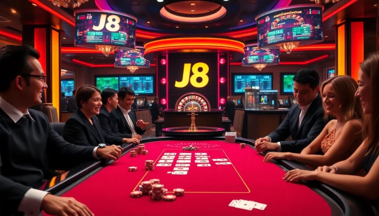 Experience the thrill of J8 casino games at a modern poker table with vibrant atmosphere.