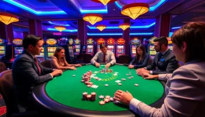 Players engaged in a thrilling Game Hitclub poker match in a vibrant casino setting.
