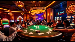 Experience excitement at a luxurious poker table with 7upbet branding, showcasing vibrant chips and cards.