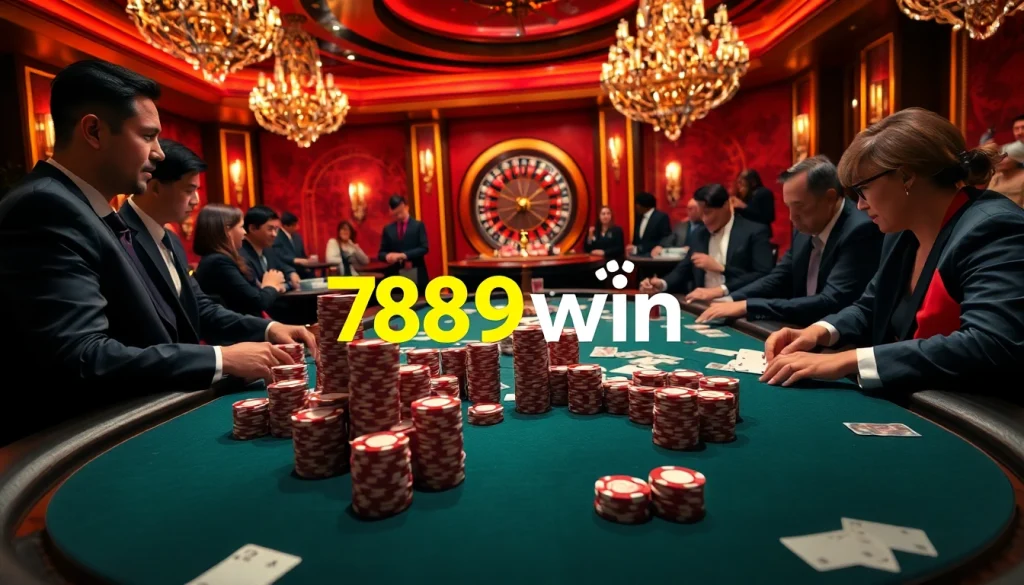 Players engaging in high-stakes poker at 789win casino, highlighting excitement and luxury.