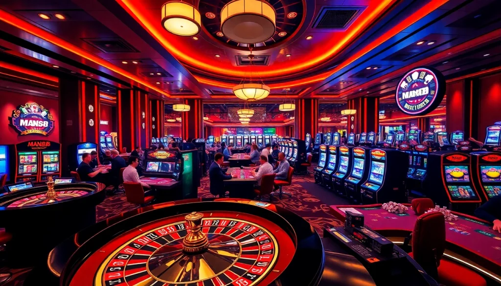 Experience the thrill of gaming at Man88's luxurious casino with vibrant slot machines.