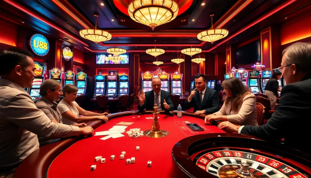 Engaged gamblers at a uu88 vip poker table in a luxurious casino setting.