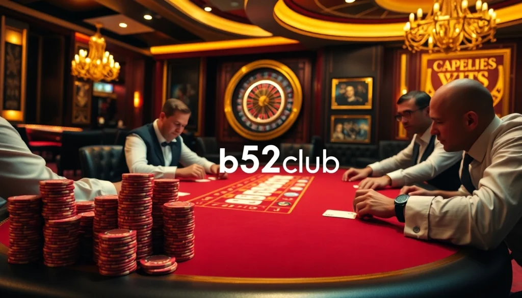 Players strategizing at the high-stakes poker table in b52club, radiating excitement and luxury.