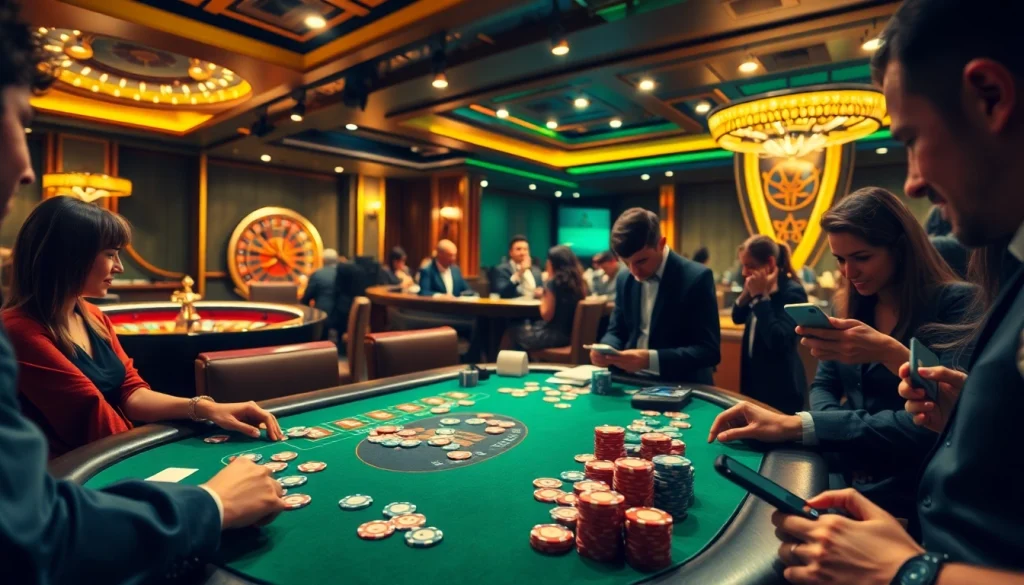 Engaged players strategizing at the mmoo casino poker table under elegant lighting.