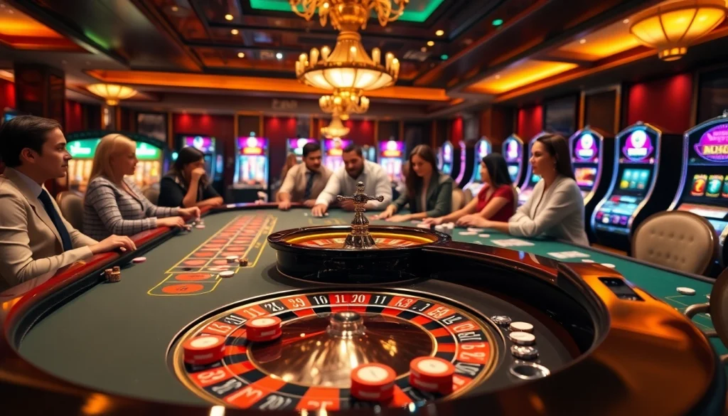 Experience the excitement of gambling at https://hitclub.care/ with diverse players at a luxurious roulette table.