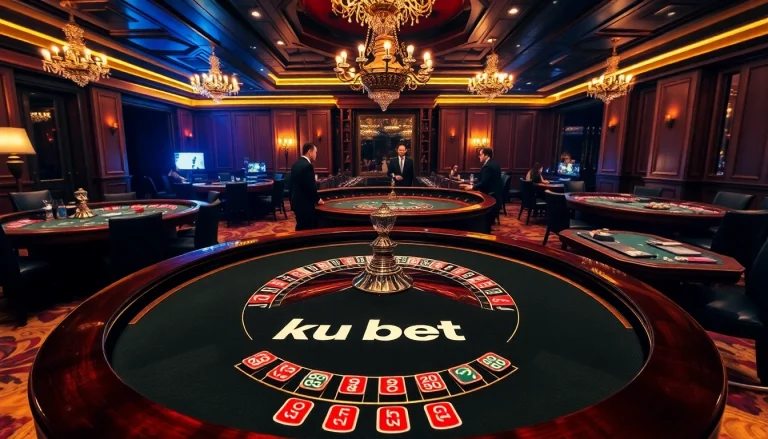 Engaging scene of semi-formal players betting at a luxurious roulette table with ku bet branding.