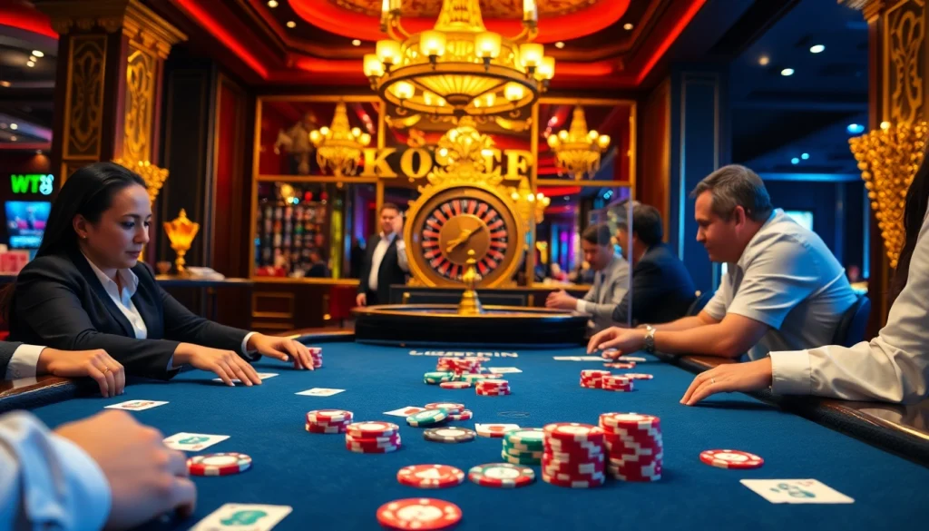Exciting poker game scene at a luxurious casino, featuring 7xl branding on the table.
