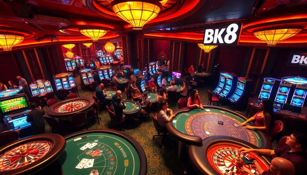 BK8 casino players enjoying roulette and blackjack in a luxurious environment filled with excitement.