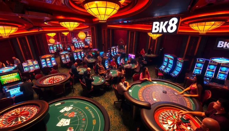 BK8 casino players enjoying roulette and blackjack in a luxurious environment filled with excitement.
