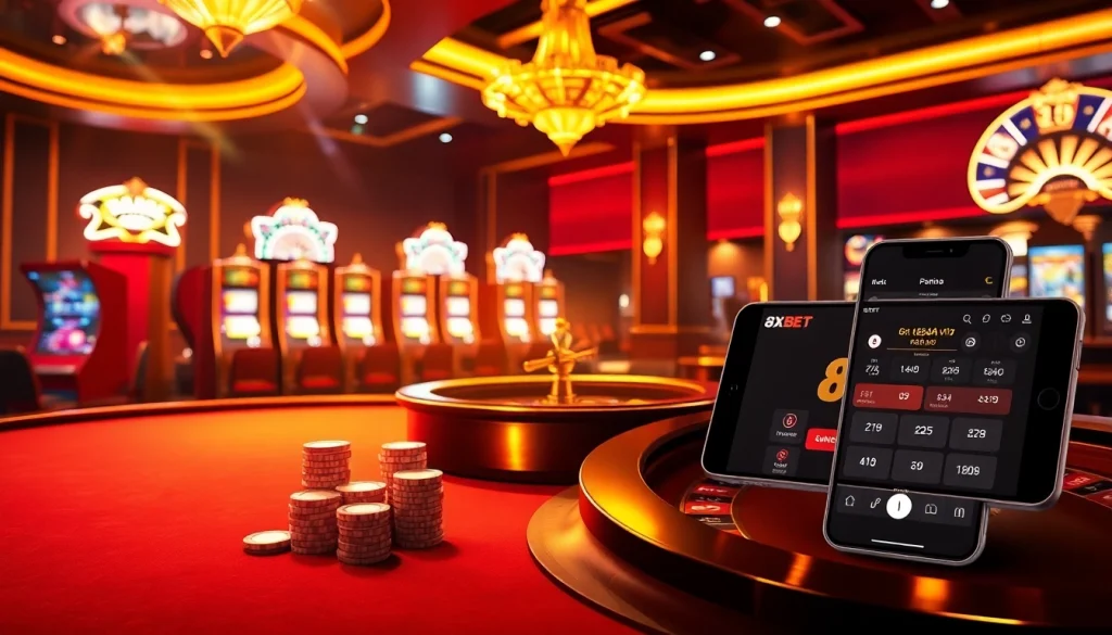 Experience the thrill of gambling with link vào 8xbet at an opulent casino scene featuring vibrant tables and digital interfaces.