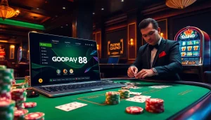 Experience the vibrant excitement of Gopay88 online gaming with a luxurious poker table and slot machine.