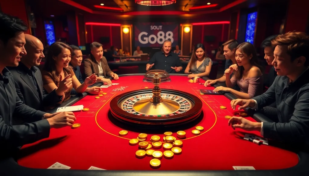 Engage in thrilling gameplay at Go88 with an elegant casino table showcasing a roulette wheel and excited players.