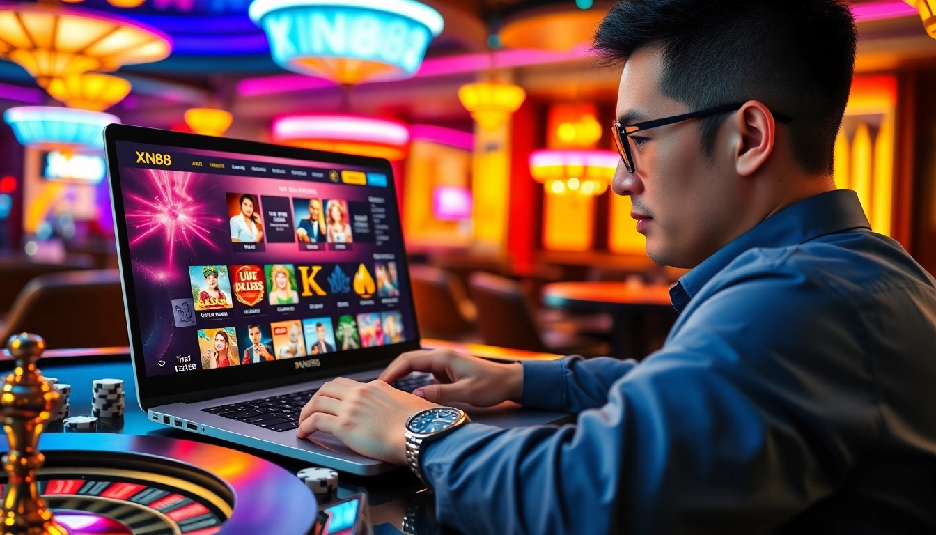 Nạp tiền XN88, a player enjoying online gaming in a luxurious casino setting.