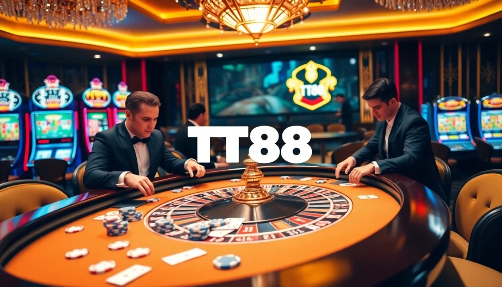 Experience the thrill of TT88 with vibrant casino gaming elements showcasing excitement and professionalism.