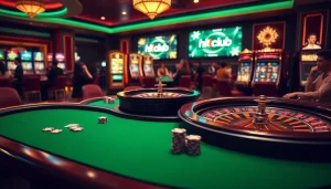 Experience the thrill of tải hitclub with vibrant casino games, chips, and a roulette wheel.