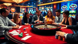 Players engaging at a vibrant 789CLUB casino table with poker chips and cards, embodying excitement.