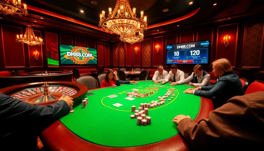 Players strategizing in an exciting poker game at DH88.COM casino.
