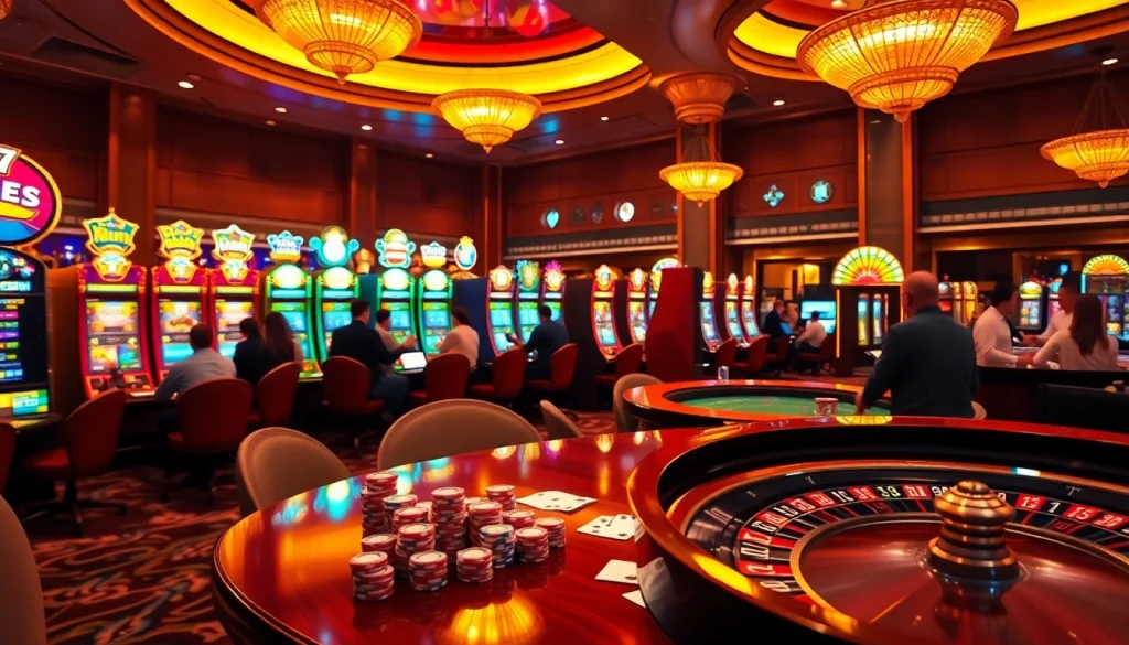 Players enjoying a winning moment at https://www.6slots8.com/ with vibrant slot machines and casino ambiance.