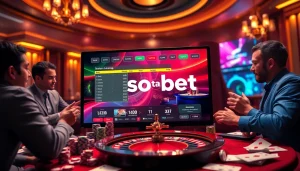 Enjoying sbobet online betting with poker chips, cards, and a roulette wheel in a vibrant casino.