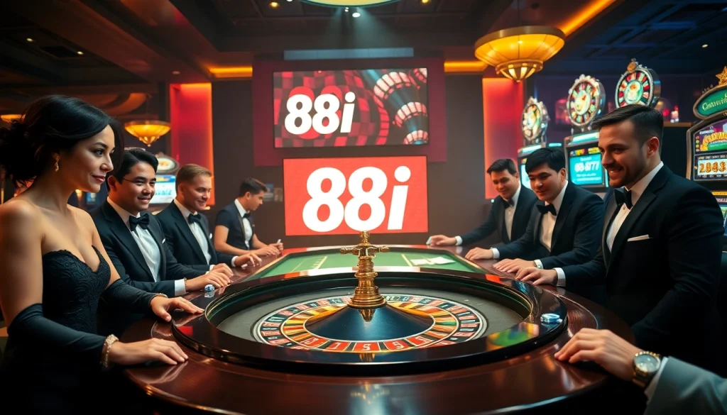 Players engaging at an elegant roulette table in a luxurious casino environment featuring 88i branding.