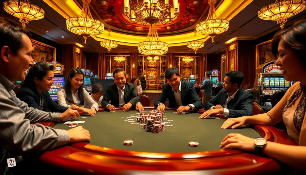 Experience the excitement of 23win châu á with a high-stakes poker game in a luxurious casino setting.