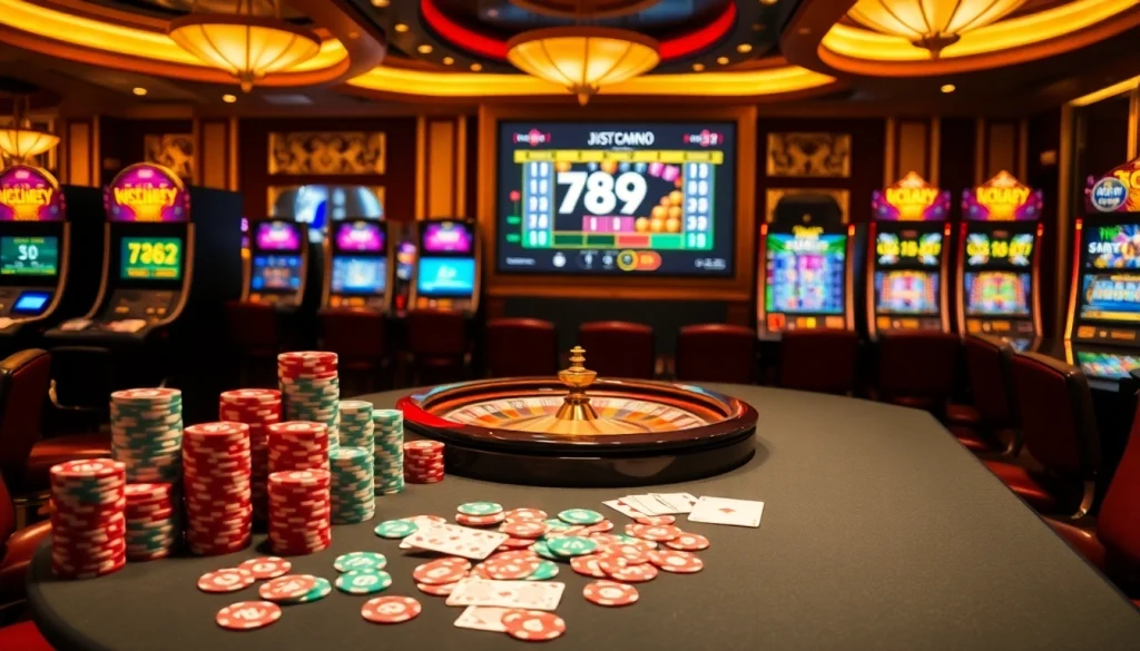 Immersive gambling scene at a casino highlighting 789p poker tables and lively roulette action.