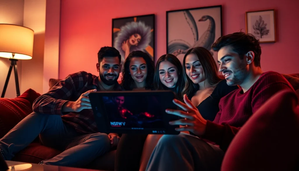 NSFW digital content interaction in a cozy setting with diverse adults.