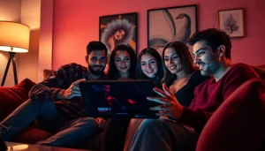 NSFW digital content interaction in a cozy setting with diverse adults.