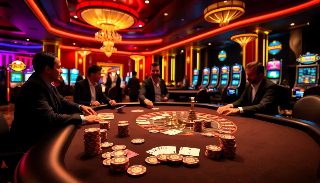 Alo789 engaging gamblers enjoying a luxurious casino experience at a poker table with vibrant colors.