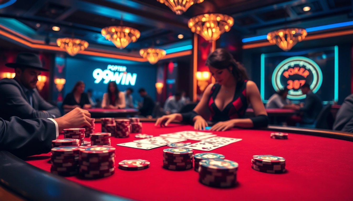 Engaged players strategizing in a luxurious Poker 99win game at a vibrant casino table.