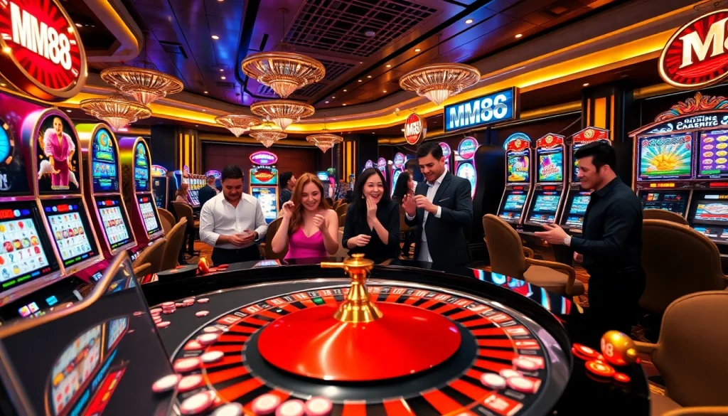Experience the thrill of MM88 with engaging casino scenes featuring slot machines and poker tables.